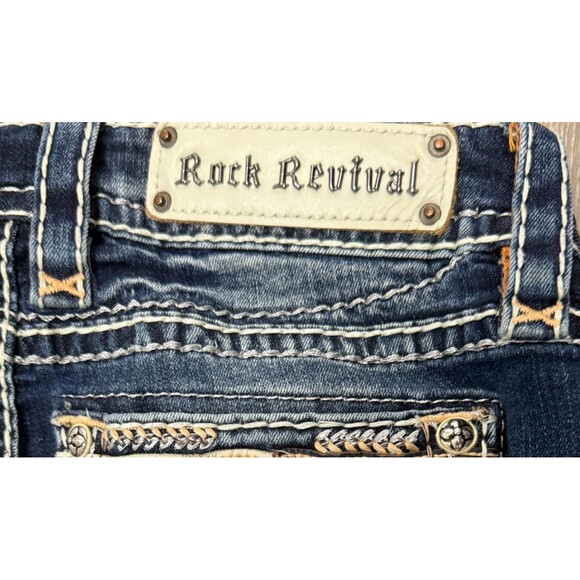Rock Revival Jeans 25 Distressed Rip Y2K Crystal Flap Pocket Straight Streetwear - Picture 5 of 10